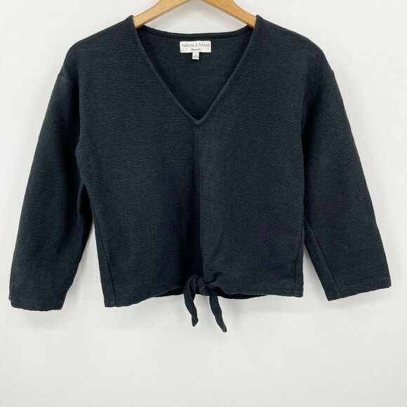 Madewell Texture and Thread Tie Front Long Sleeve Top Black V Neck - Picture 2 of 6